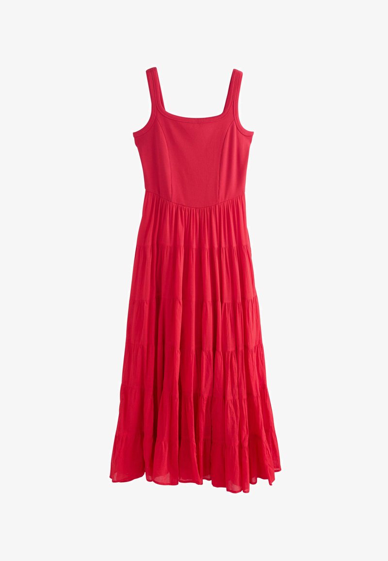 Robe longue rouge sans manches avec encolure carrée et jupe à volants froncés pour un look fluide et décontracté.