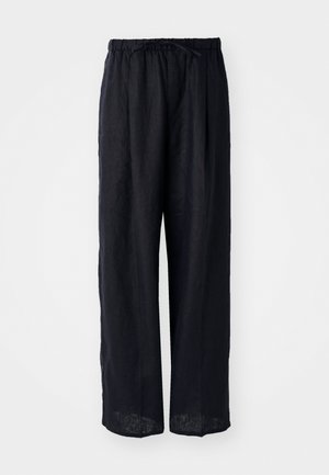 Pantalones de lino negros de pernera ancha con cintura ajustable y corte relajado. Textura suave, sin patrones visibles ni detalles de hardware.