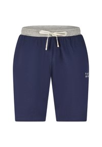 Pantalones cortos azul marino con una cinturilla elástica gris y cordón. Cuenta con bolsillos laterales y un pequeño logo blanco en la pierna. Textura suave.