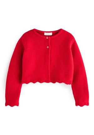 Cardigan court rouge en maille avec manches longues, encolure ronde, deux boutons devant et bords festonnés aux poignets et à l'ourlet.