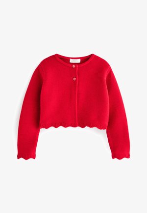 Cardigan court rouge en maille avec manches longues, encolure ronde, deux boutons devant et bords festonnés aux poignets et à l'ourlet.