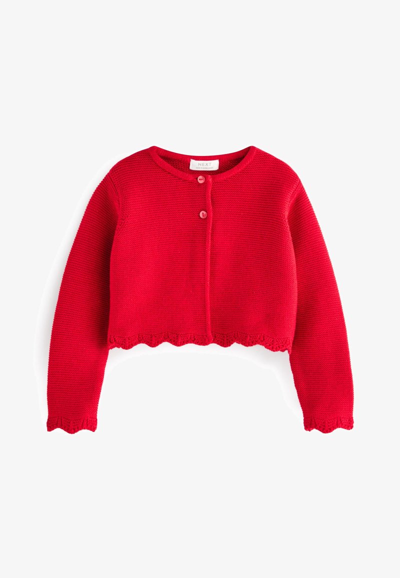 Cardigan court rouge en maille avec manches longues, encolure ronde, deux boutons devant et bords festonnés aux poignets et à l'ourlet.