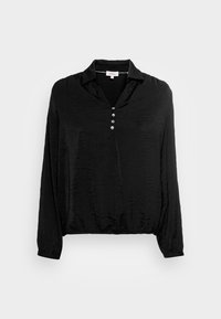 Camicetta nera a maniche lunghe con colletto, abbottonatura a cinque bottoni e tessuto texturizzato. L'orlo è arricciato con elastico per un look aderente.