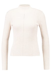 Ribbad krämfärgad tröja med hög hals och långa ärmar, som har ett subtilt strukturerat mönster och en smal passform.