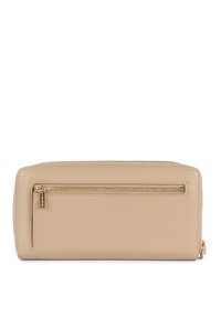 Portafoglio in pelle beige con una finitura testurizzata, forma rettangolare, chiusura con zip e hardware color oro, dotato di una tasca esterna con zip.