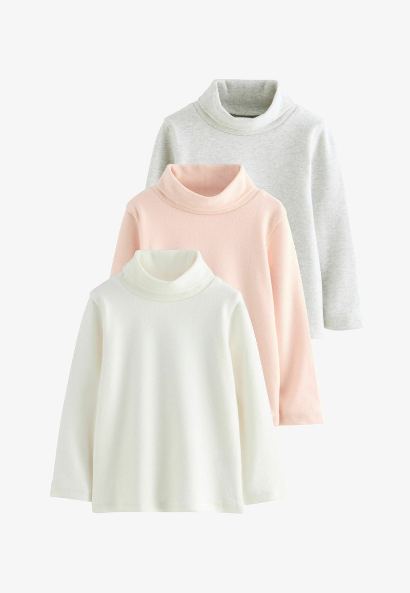 Trois hauts à manches longues à col roulé en blanc, rose pâle et gris clair, disposés en chevauchement avec le haut blanc devant.