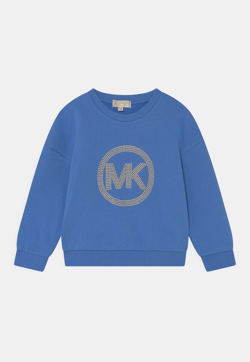Blå langærmet sweatshirt med rund halsudskæring og metalliske nittebesatte "MK"-logo midt på fronten.
