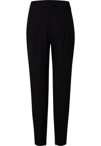 Svarta avsmalnande byxor i slätt material, med midjeband, vertikala sömmar och utan synliga fickor. Ren, minimalistisk design.