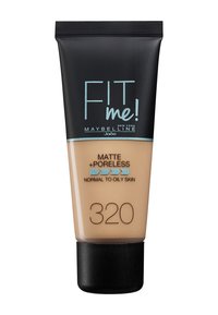 Fond de teint Maybelline Fit Me ! Matte + Poreless en teinte 320, présenté dans un tube noir à pression avec une finition mate, contenant un produit beige clair à l'intérieur.