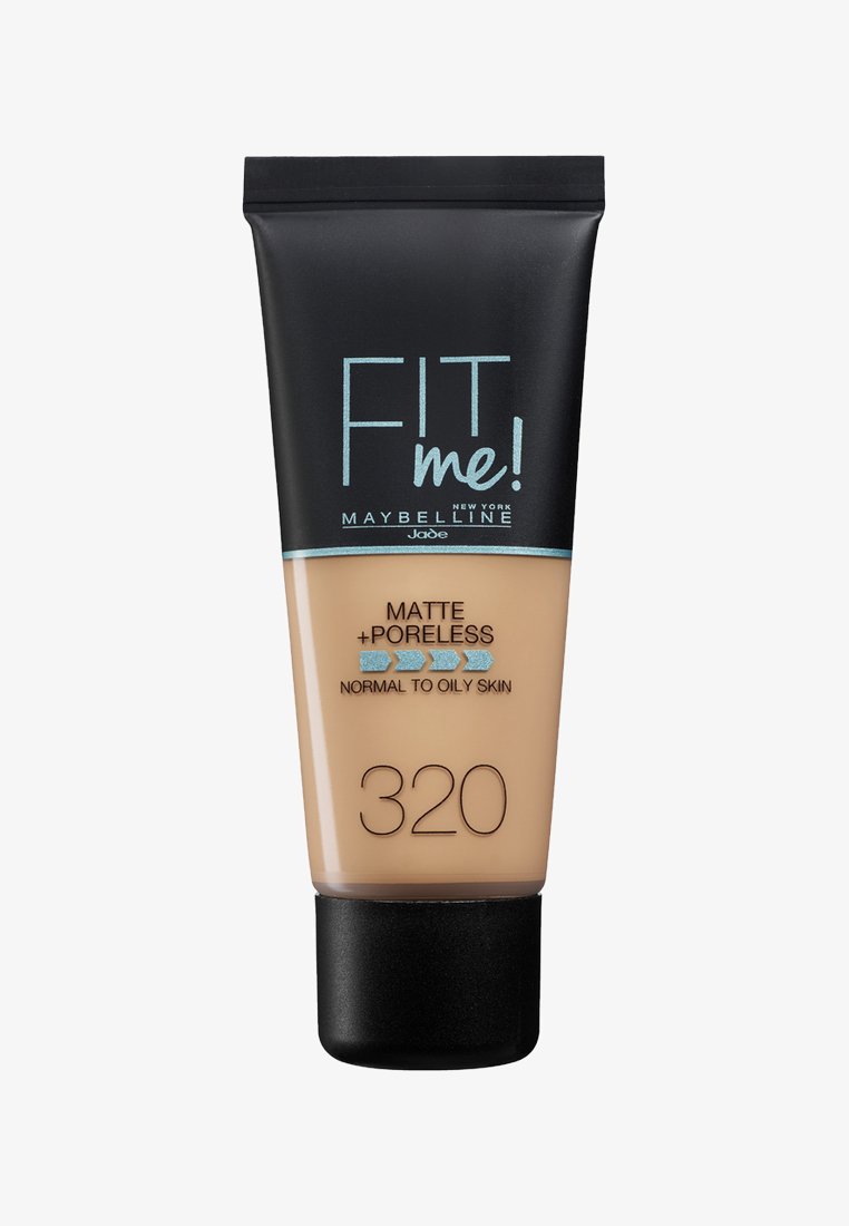 Fondotinta Maybelline Fit Me! Matte + Poreless 320, mostrato in un tubo nero a pressione con finitura opaca, contenente un prodotto di colore beige chiaro.