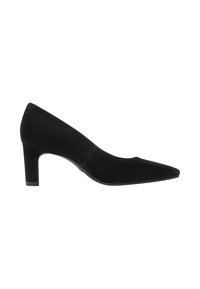 Escarpin femme en daim noir à bout pointu et talon bloc de hauteur moyenne, montré de profil sur fond blanc.