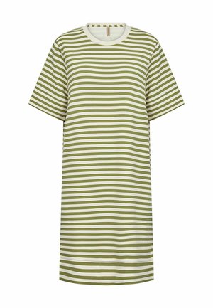 Prúžkované šaty s t-shirt strihom s striedajúcimi sa olivovo zelenými a bielymi horizontálnymi prúžkami, krátkymi rukávmi, okrúhlym výstrihom a voľným strihom.