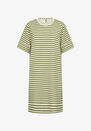 Riba kämpnud kleit, millel on vahelduvad oliivrohelised ja valged horisontaalsed triibud, lühikesed varrukad, ümar kaelus ja lahtine istuvus.