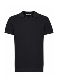 Black short-sleeve polo shirt with a textured knit design, featuring a v-neck and contrasting collar and sleeve trims.