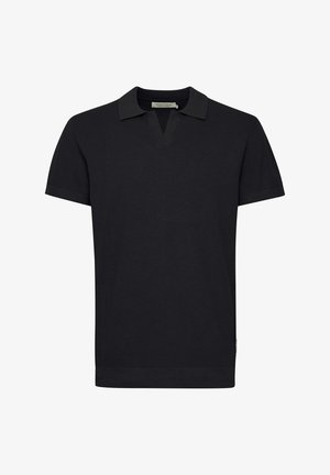 Fekete, rövid ujjú pólóing, textúrált kötött mintával, V-nyakkal és kontrasztos gallérral valamint ujjpántokkal.