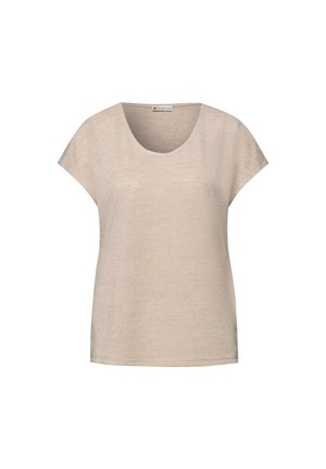 Chemise beige à manches courtes avec encolure dégagée, confectionnée en tissu léger, présentée sur un fond blanc uni.