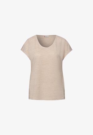 Beżowa koszula z krótkim rękawem i dekoltem w serek, wykonana z lekkiego materiału, prezentowana na jednolitym białym tle.