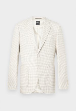 Ανδρικό σακάκι σε ανοιχτό μπεζ χρώμα με σχέδιο τύπου houndstooth, γιακά με εγκοπή, δύο κουμπιά μπροστά, τσέπες με καπάκι και ετικέτα BOSS στο εσωτερικό του γιακά.