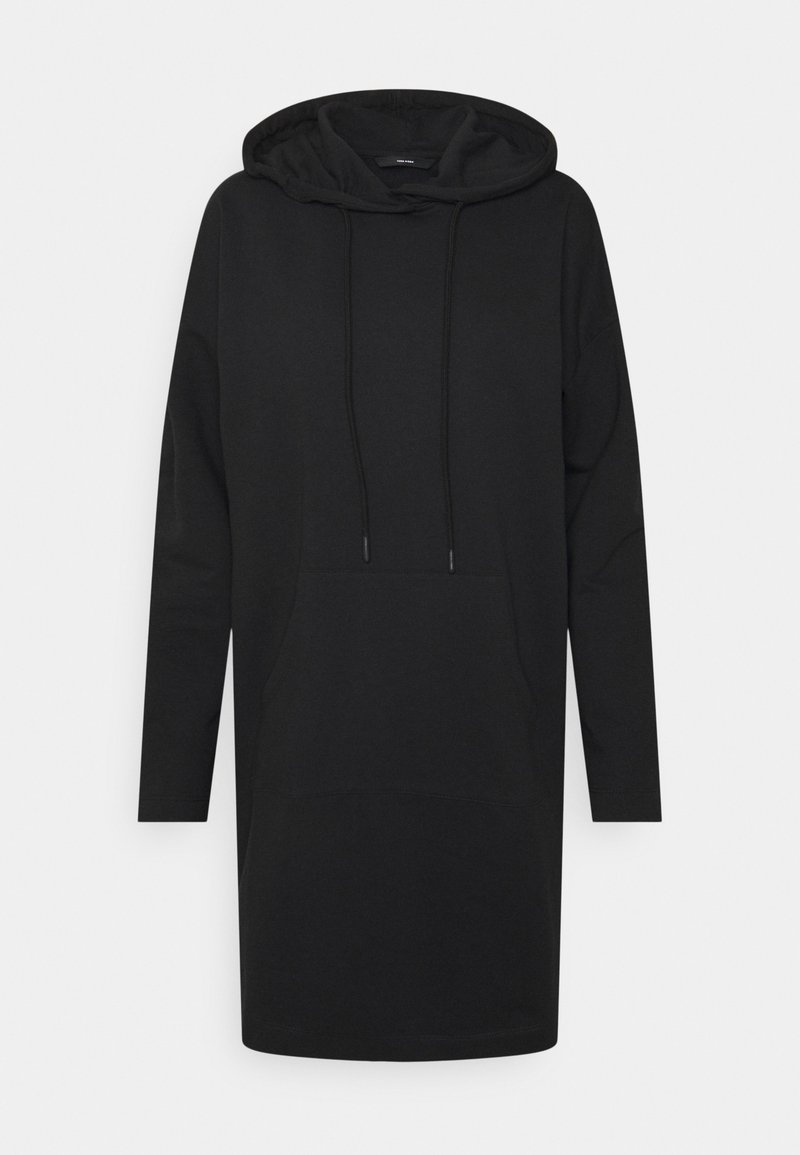 Robe à capuche noire à manches longues avec poche kangourou devant et cordons réglables sur la capuche, présentée sur un fond uni.
