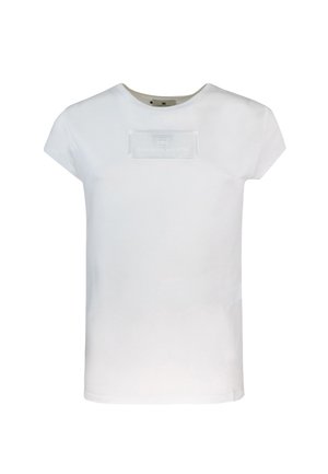 White short-sleeve t-shirt made of cotton, featuring a textured patch at the chest with brand name embossed. Classic crew neckline.