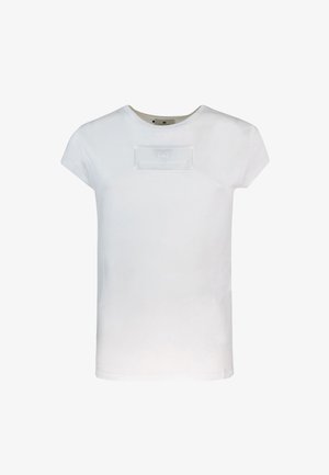 T-shirt bianca a maniche corte in cotone, con un patch testurizzato sul petto con il nome del marchio in rilievo. Collo a giroclassico.