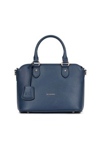 Borsa in pelle blu con due manici corti, superficie testurizzata, hardware dorato e un'etichetta che mostra il nome del marchio "HEXAGONA."