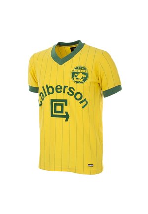 Geel sportshirt met korte mouwen met dunne verticale strepen, groene kraag en manchetten, FCN-logo en groene sponsortekst "Calberson" op de voorkant.