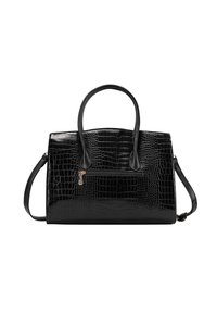 Borsa nera in pelle stampa coccodrillo con finitura lucida, doppi manici, tasca frontale con zip e tracolla regolabile.
