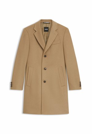 Camel-colored wool coat with notched lapels, four buttons, two front pockets, and buttoned cuffs; smooth texture and minimal design.