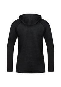 Schwarzer Hoodie mit langen Ärmeln, aus einem strukturierten Material und mit einer runden Kapuze. Die Rückseite ist glatt, ohne sichtbare Verschlüsse oder Muster.