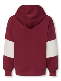 Bordeaux hoodie med ett vitt horisontellt rand på varje ärm. Har en känguruficka, ribbade mudd, och justerbar dragsko i huvan.