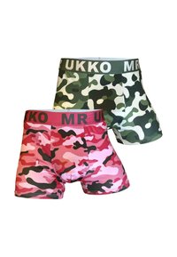 Två par kalsonger: ett i grön kamouflage med en grå midja, och ett annat i rosa kamouflage med en svart midja.