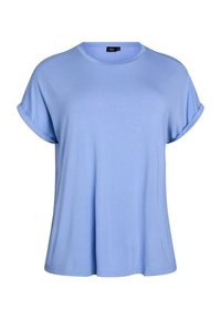 Vaaleansininen lyhythihainen t-paita, valmistettu pehmeästä kankaasta. Siinä on pyöreä kaula-aukko ja käärityt hihansuut, väljä ja rento istuvuus.