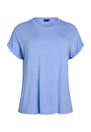 Šviesiai mėlynas trumpomis rankovėmis marškinėlis iš minkštos medžiagos. Turi apvalų kaklo iškirpimą ir susuktus rankogalius, laisvo, atsipalaidavusio silueto.