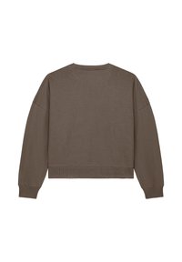 Bruine, cropped sweatshirt met lange mouwen, ronde hals en geribbelde manchetten. De stof lijkt glad met een subtiele textuur. Geen patronen of accenten.