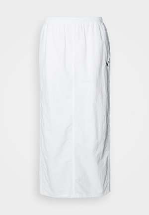 White midi skirt with an elastic waistband, plain texture, straight cut, and a subtle side pocket detail.