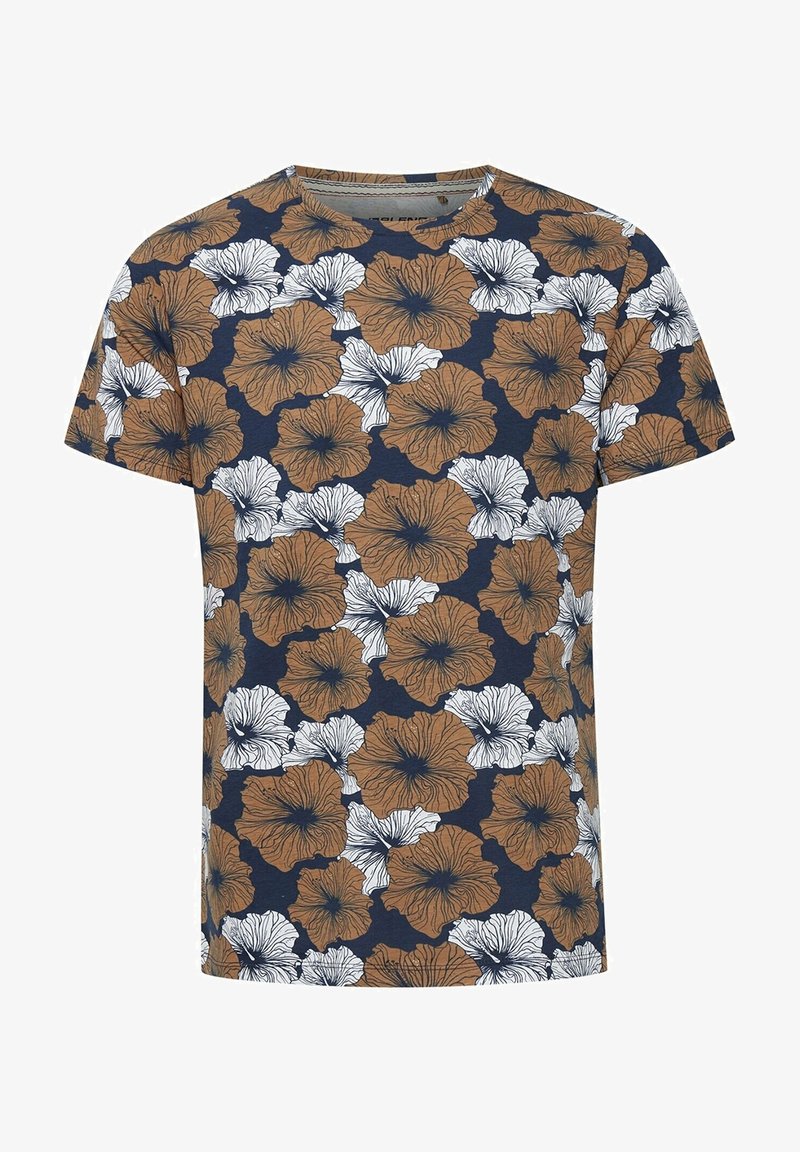Koszulka z krótkim rękawem w ciemnogranatowym kolorze z dużymi brązowymi i białymi wzorami kwiatowymi, wykonana z miękkiego, teksturowanego materiału.
