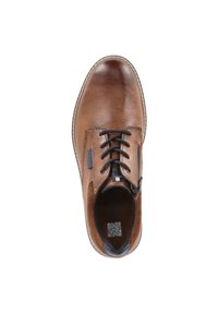 Chaussure en cuir brun avec un bout arrondi, un laçage à l'avant et une fermeture éclair sur le côté. Présente une finition texturée et un accent bleu contrastant près de la cheville.