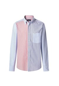 Camisa de botones a rayas con secciones en rojo y azul, con un bolsillo en el pecho y cuello estándar. Tejido suave y ligero.