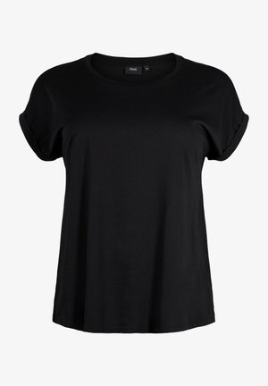 Black short-sleeve t-shirt made of soft cotton. Features a round neckline and slightly rolled sleeves, with a loose, relaxed fit.