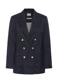 Blazer bleu marine à double boutonnage en tissu texturé, avec des accents de boutons dorés, deux poches avant et une coupe ajustée avec un col cranté.