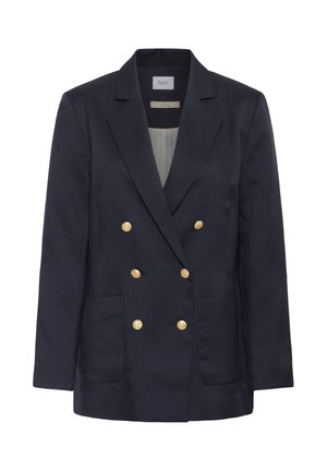 Blazer bleu marine à double boutonnage en tissu texturé, avec des accents de boutons dorés, deux poches avant et une coupe ajustée avec un col cranté.