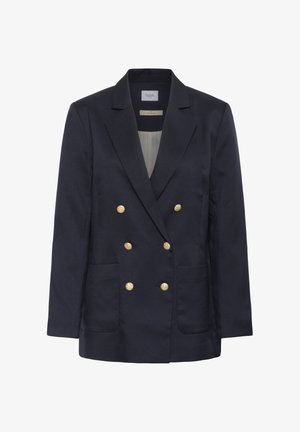 Tamsiai mėlynas dvigubo priekyje užsegamas švarkas, pagamintas iš tekstūruotos medžiagos, su auksiniais mygtukais, dviem priekinių kišenėmis ir pritaikytu siluetu su įpjovimu ant apykaklės.