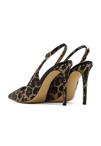 Leopardenmuster High-Heels Sandalen mit spitzem Zehenbereich, verziert mit goldenen und schwarzen Strasssteinen, ausgestattet mit einem Slingback-Riemen.