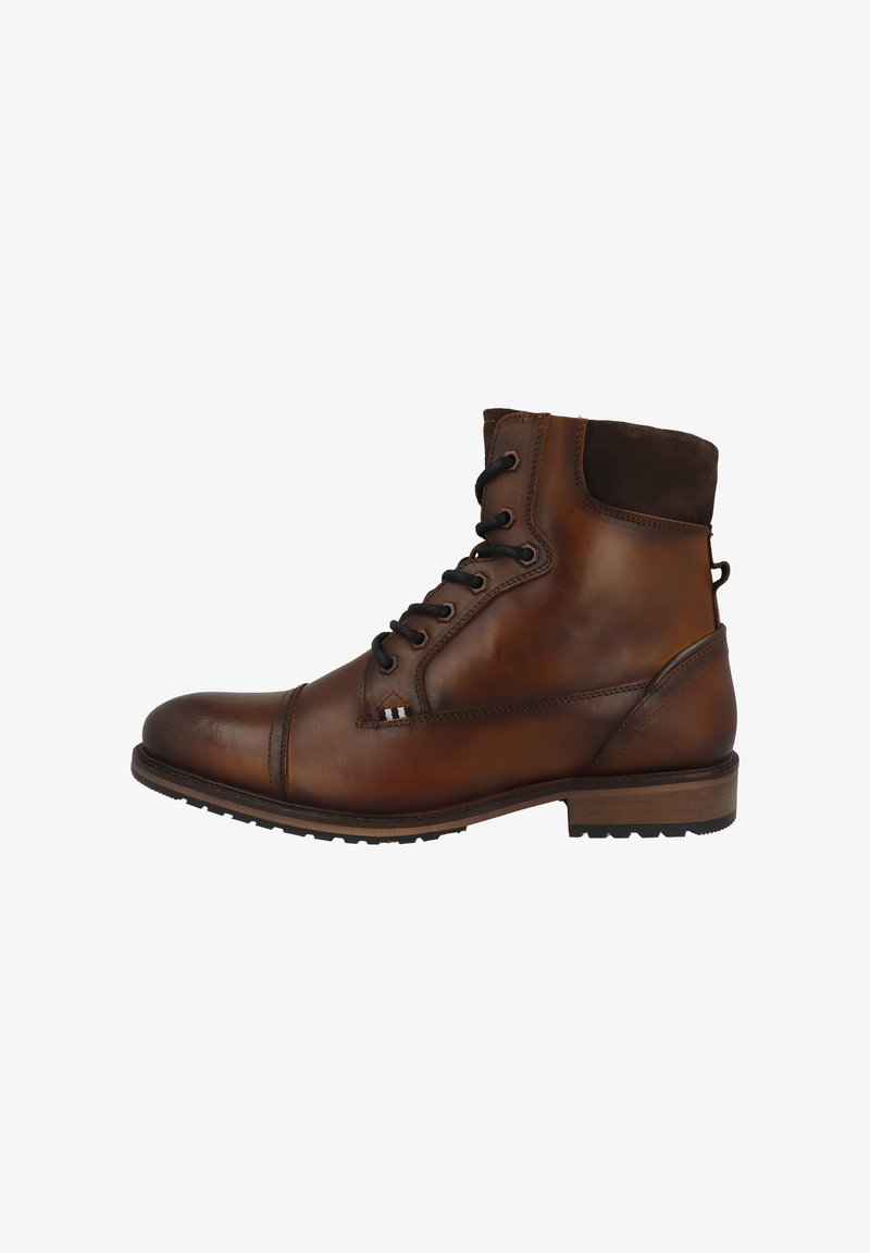 Bruine leren enkellaarsjes met een gestructureerde suede kraag, vetersluiting, ronde neus en een duurzame rubberen zool met profiel.