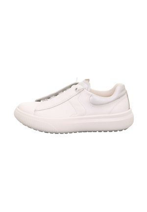 White sneakers with a smooth leather upper, rounded toe, minimalistic design, elastic laces, and a textured rubber sole.