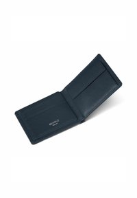 Portafoglio in pelle blu navy con finitura testurizzata, dotato di numerosi scomparti per carte e di un compartimento aperto, che mette in risalto cuciture ordinate e branding.