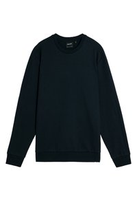Felpa girocollo blu navy realizzata in tessuto morbido; maniche lunghe e polsini a coste. Design minimalista senza motivi o accenti.