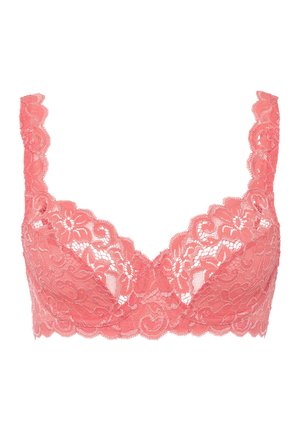 Korallenfarbene Spitzen-Bralette mit floralen Mustern, gewellten Kanten und breiten Trägern. Das Design ist durchsichtig mit einer glatten, strukturierten Oberfläche.