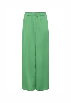 Gonna verde, lunghezza al ginocchio, realizzata in tessuto morbido e leggero; presenta una vita elastica e una silhouette semplice e dritta.